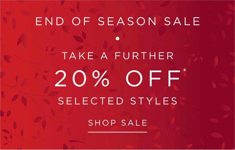 Red sale banner with white text offering an end of season take a further 20% off discount on a patterned background