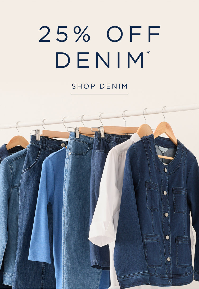 Denim jackets hanging on a rack with a promotional message for 25% off denim.