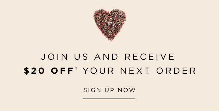 Promotional banner with a heart-shaped design and text offering Sign up and receive $20 off your next order.