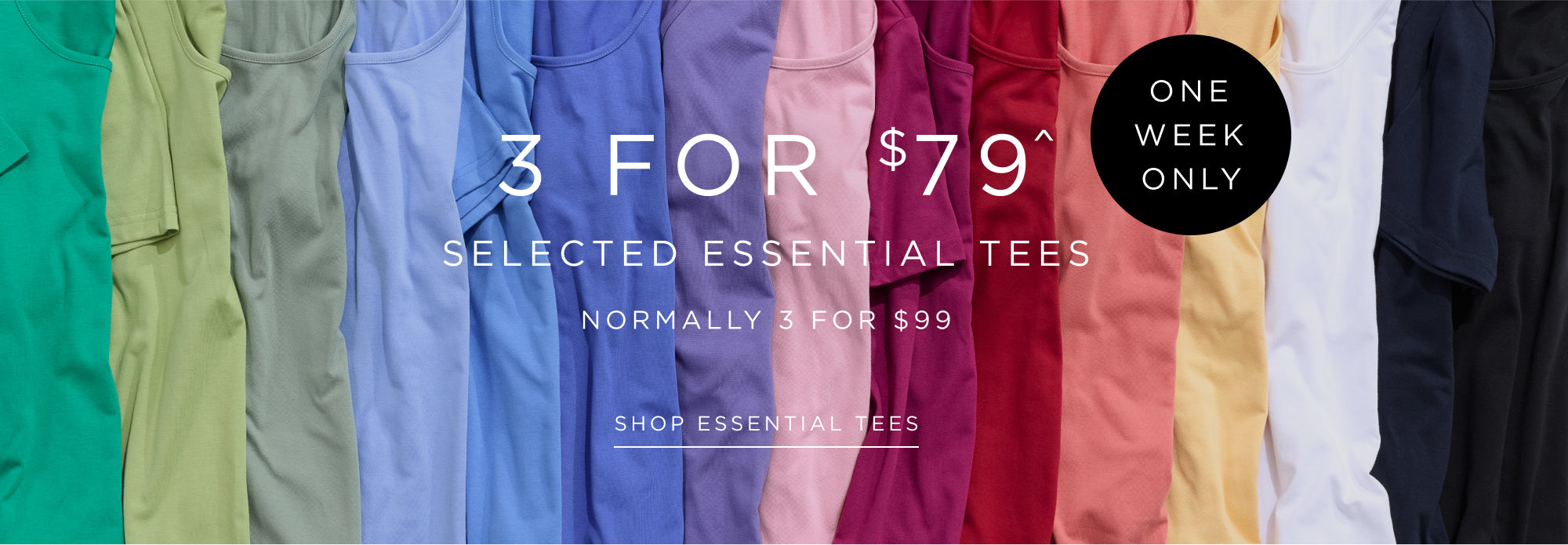 Colorful t-shirts displayed with promotional text for a sale offer.