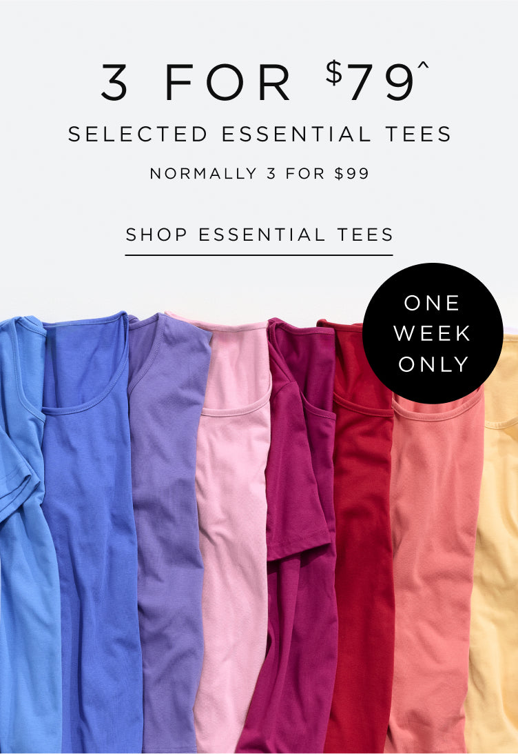 Promotional banner for essential tees with a discount offer and a row of folded tees in various colors.