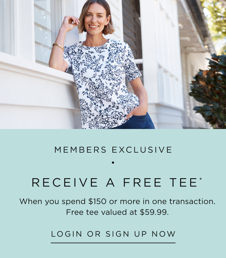 Woman wearing a floral t-shirt with promotional text for a free tee members offer.