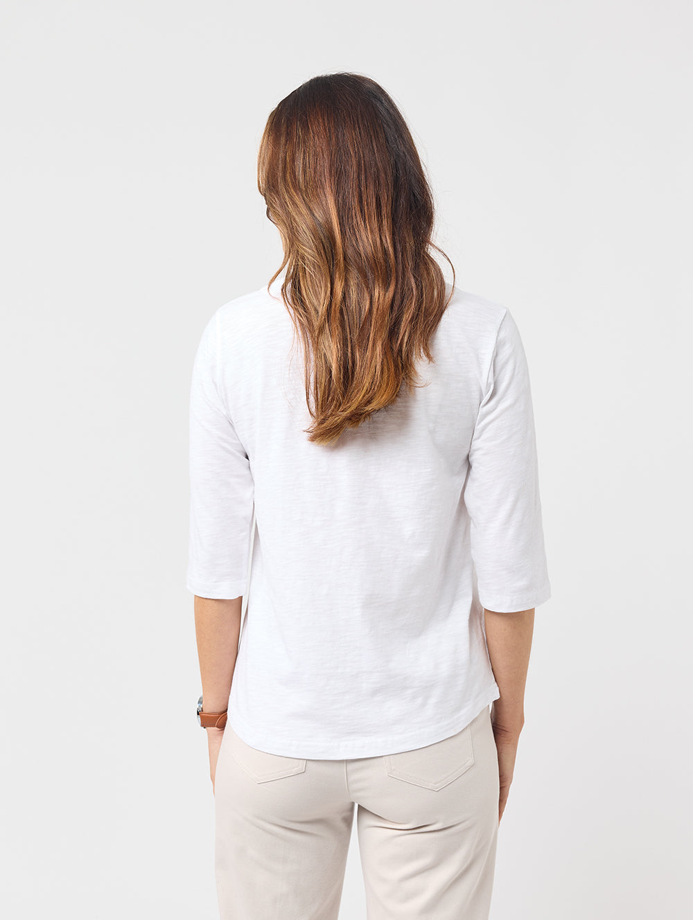 Women's Elbow Length Sleeved Top with Round Neckline and V Cutout