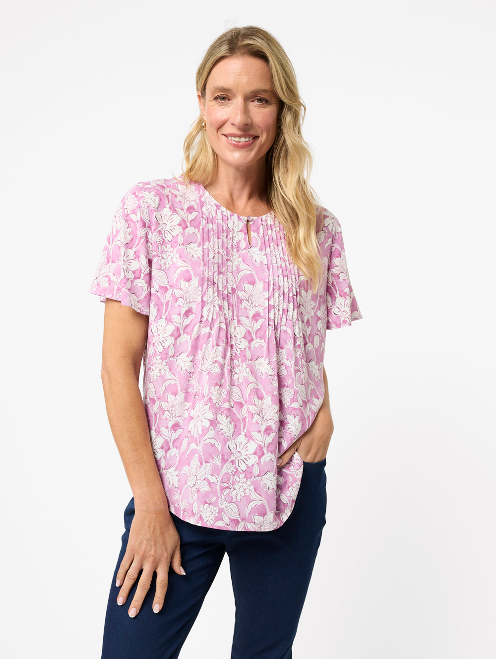 Peri Blouse - Women's Floral Print Short Sleeve Blouse in Strong Pink ...